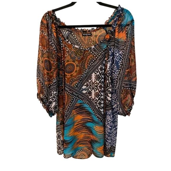 Cha Cha Vente Sheer Boho Hippie Print Tunic Top 2X - Picture 9 of 10